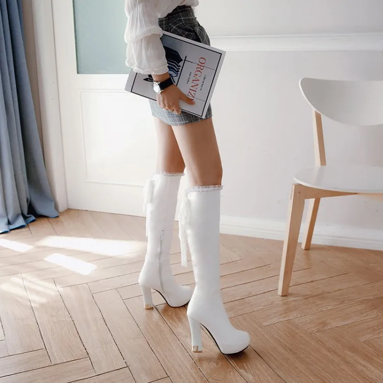 Women Boots Autumn Winter Warm Plush Super High Heel Pu Knee-High Round Toe Zip Platform Sexy New Fashion Black White Pink