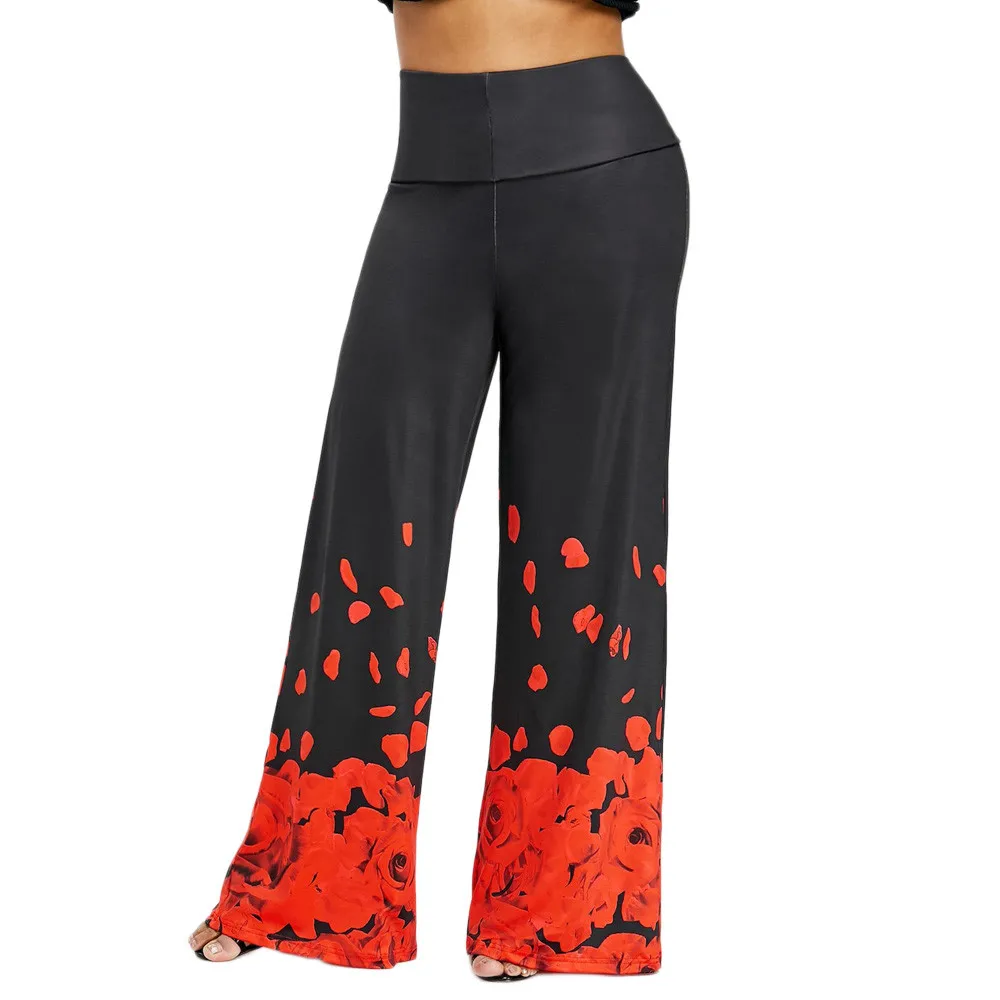 NEW Fashion Womens Casual Wide Leg Trousers Plus Size Rose Petal Printed Loose Pants hot Free Shipping W701