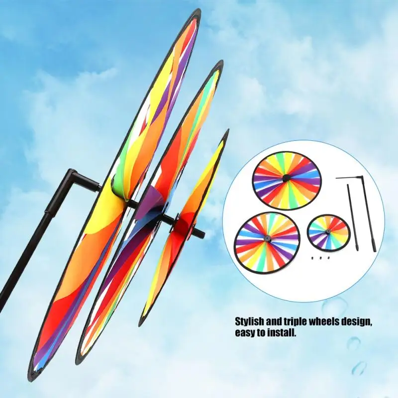 

New Rainbow Triple Wheel Windmill Toy Colorful Pinwheel Whirligig Garden Party Outdoor Decor Windmill Toys For Children Kids