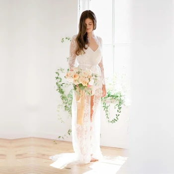 

Long Lace Robes Sexy Lace Women Nightgowns Maxi Dress White Bridal Robes Party Robes Vestidos Eyelashes Lace Long Bathrobe