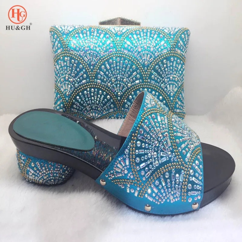 

2018 New Sky Blue Party Slip Shoe On Mature Italian Shoes With Matching Bags Rhinestones High Quality African Shoes and bag set