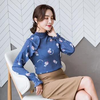 

2018 A top women print ruffles decor office lady cloth new spring shirt jacket super long-sleeved chiffon unlined upper garment