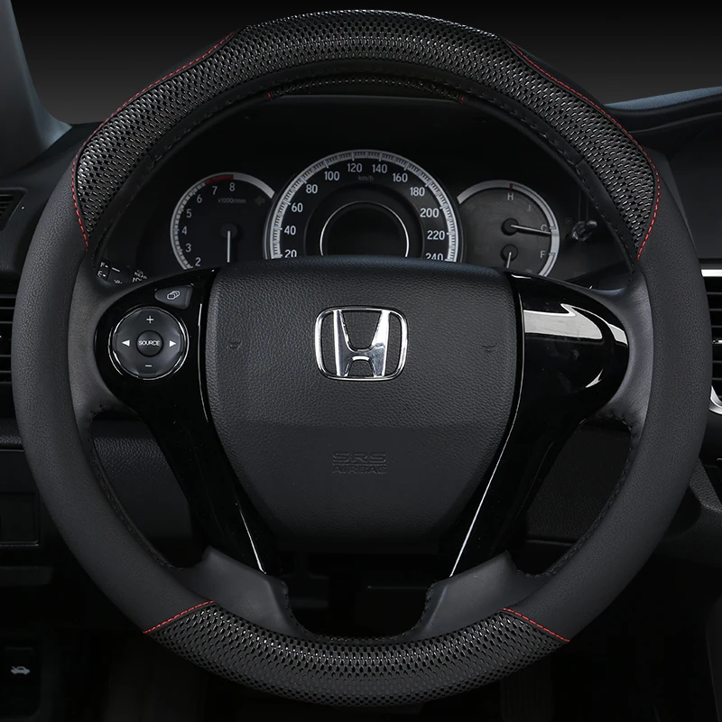 

KKYSYELVA Black Car Sport Steering Wheel Cover Leather Auto Steering Covers Universal 38CM wheel covers Car Inter Accessories