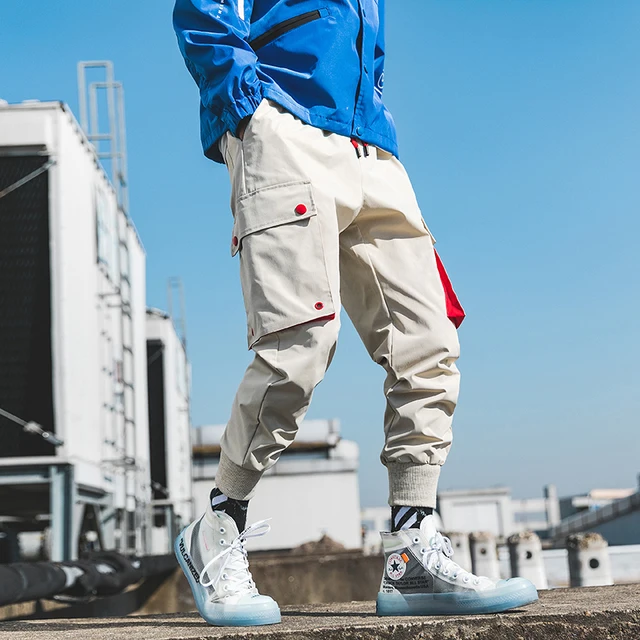 Casual Men Cargo Pants Cotton Polyester Drawstring Pockets Hip Hop