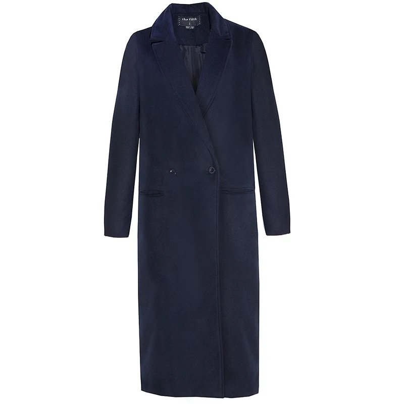 HYH HAOYIHUI, новинка, осенне-зимняя женская модная однотонная темно-синяя двубортная куртка с карманами, шерстяная длинная куртка, пальто