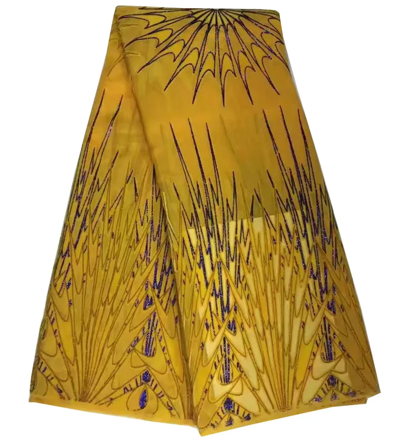 

Free shipping (5yards/pc) soft African velvet net lace fabric in yellow and purple with shining glitters for pretty dress VLB26