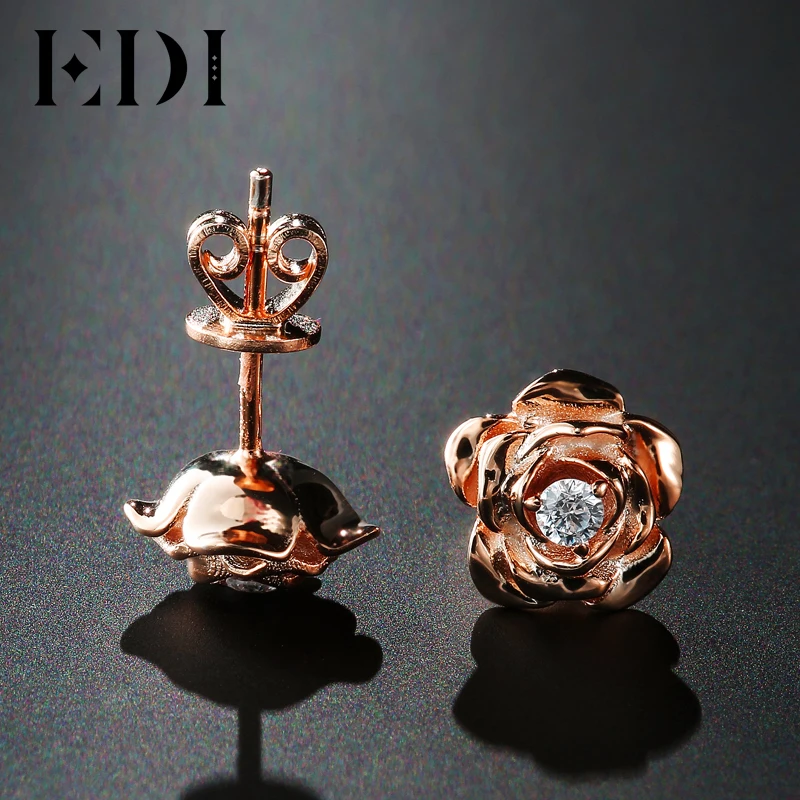 EDI Genuine Natural Diamond 14k 585 Yellow Gold Stud Earrings For Women Rose Flower Fine Jewelry