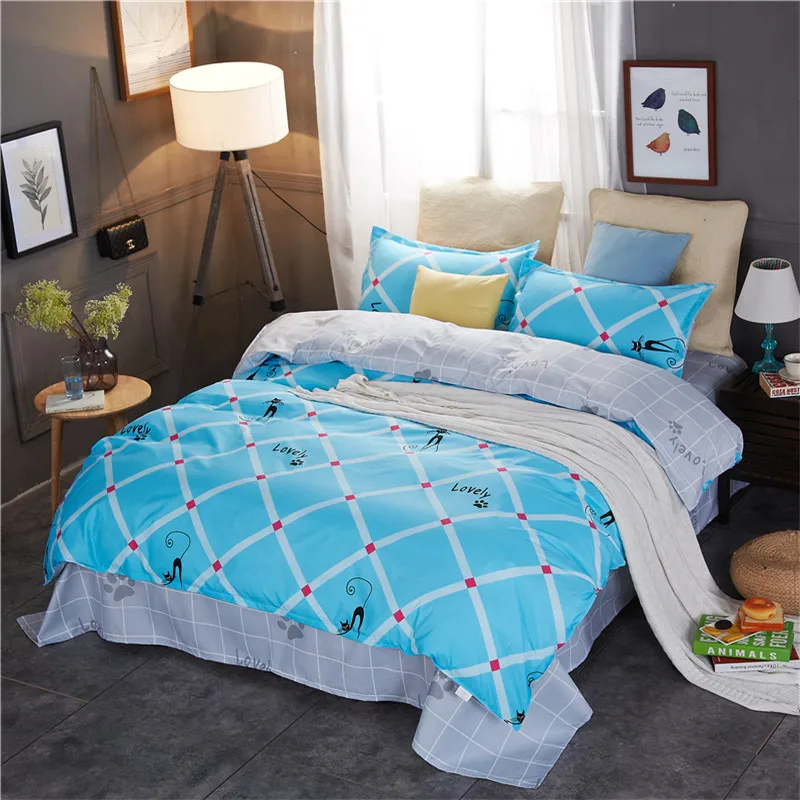 

Simple And Elegant European Style Blue Plaid Print Pattern Polyester Fiber Four-Piece Quilt Cover Sheets Pillowcase
