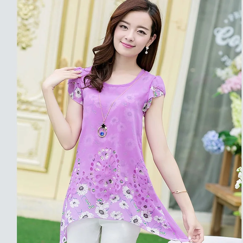 Plus Size Women Chiffon Blouse 2018 summer short sleeve Hollow Out fashion print office ladies shirt purple slim top loose blusa Plus Size Women Chiffon Blouse 2018 summer short sleeve Hollow Out fashion print office ladies shirt purple slim top loose blusa