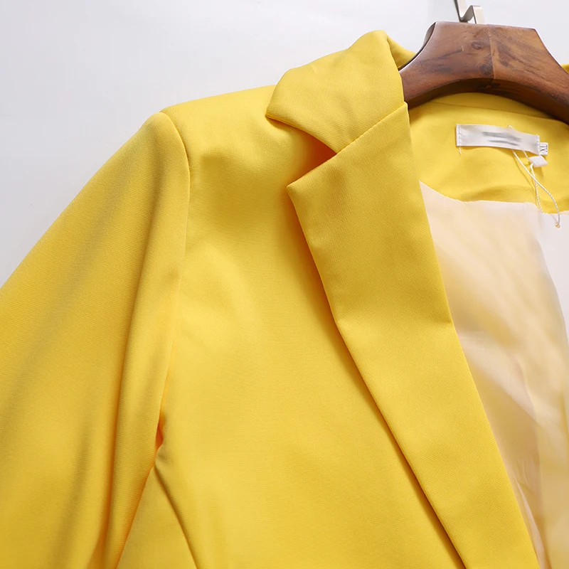 Women Fashion Blazer Jackets Office Work Open Front Notched Blazers 2019 autumn Slim yellow Ladies clothes three quarter sleeve