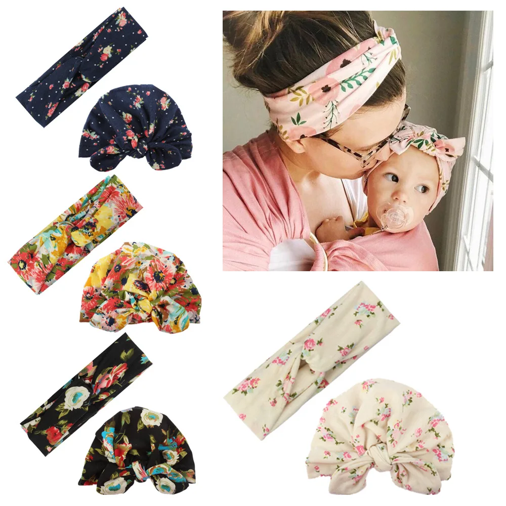 

New Family Match Clothes Mother Daughter Bohemian Knitted Headbands 2 PCS Mom Headwrap Baby Hat Set Floral Hair Accessories