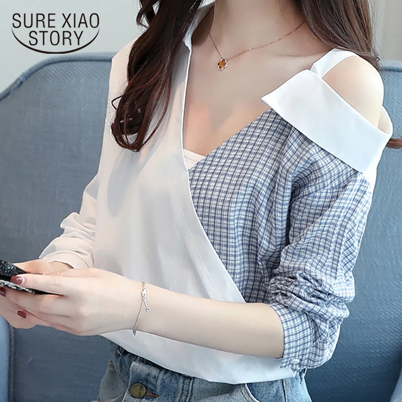 

new 2018 fashion long sleeve women blouse shirt summer sexy strapless women tops v-neck plaid women's clothing female D832 30