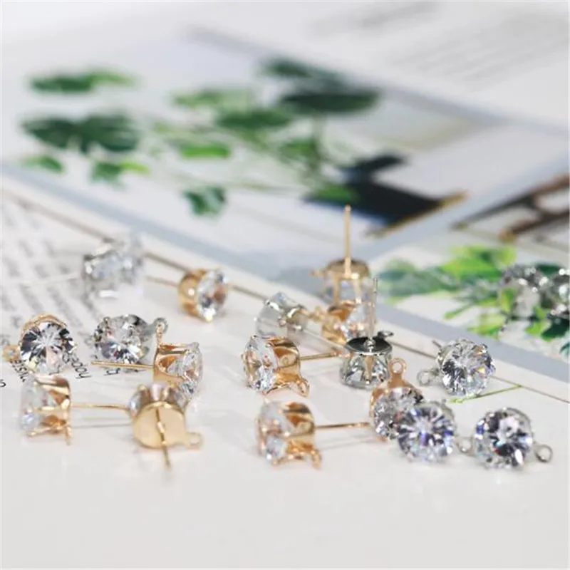

50pcs/lot Copper Stud Earrings with Hole Gold Rhodium Color Zircon Earring Post for Women DIY Ear Jewelry Making Findings