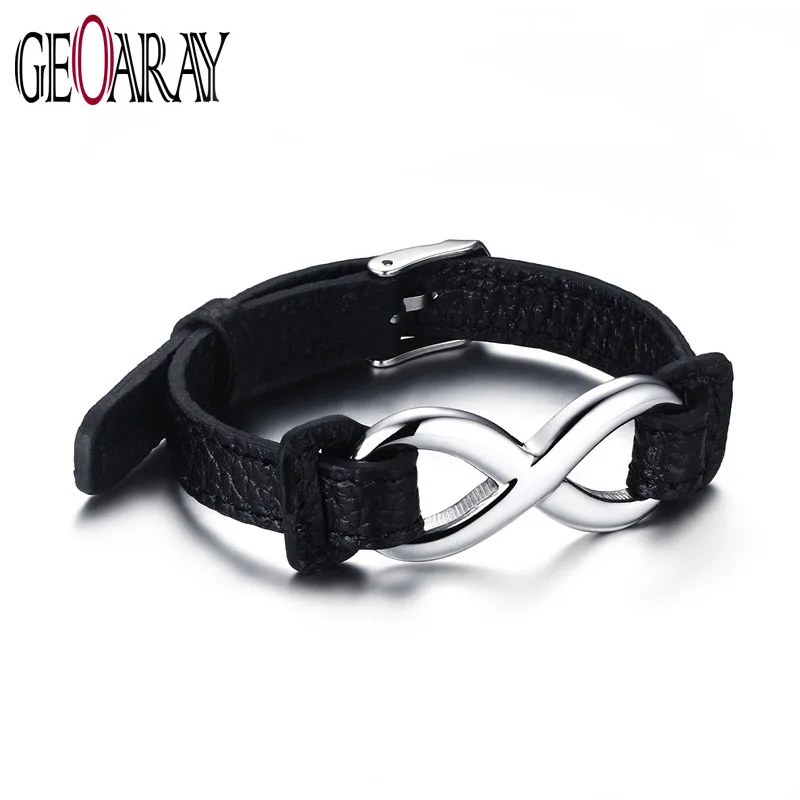 

Geoaray Black Genuine Leather Bracelets&Bangle for Women Men Jewelry Infinity Sign Wrap Wrist Band Rope Bracelets Size Adjustabl
