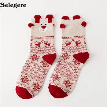 

12Pair/lot 2018 Autumn and winter new Christmas stocks cartoon elk cute women's red socks Good quality