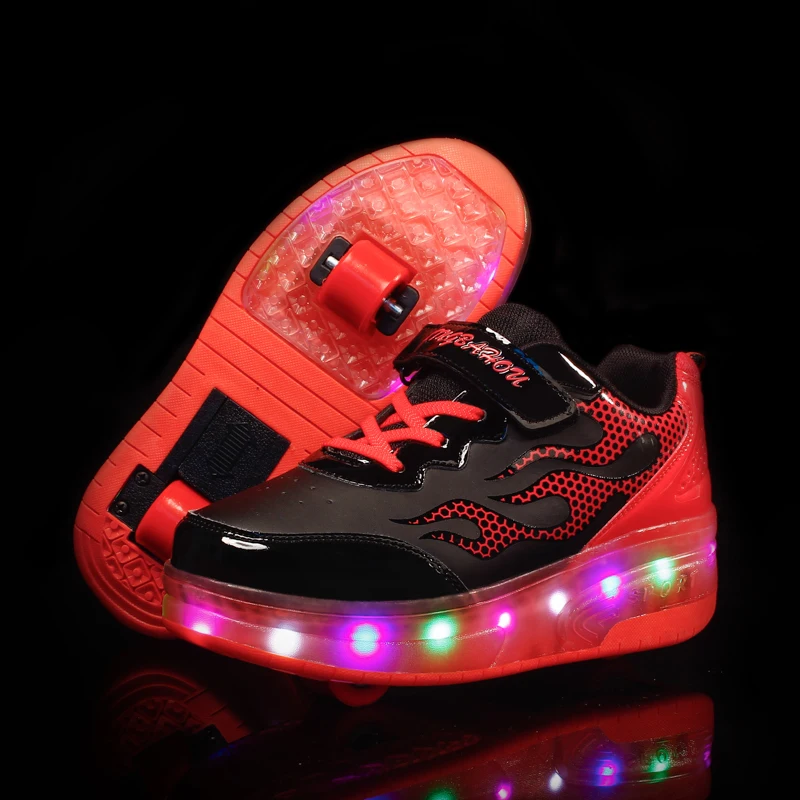 

LED Light Heelys Sneakers with Double TWO Wheel Boy Girl Roller Skate Casual Roller Girl Zapatillas Zapatos Con Ruedas Black Red