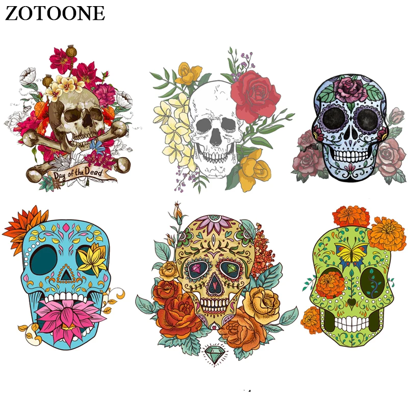 

ZOTOONE Fashion Flower Skull Patches For Clothes Iron-on Transfers Punk Patch Stickers Print On T-shirt DIY Heat Transfer Vinyl