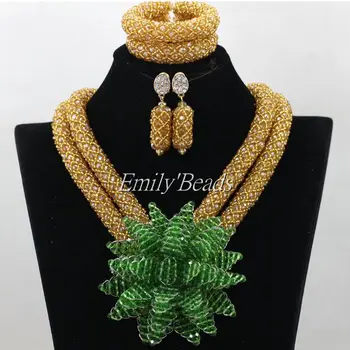 

Fashion Women Necklaces Champagne Gold Crystal Costume Jewellry Nigerian Wedding African Beads Jewelry Set Green Flower ALJ099