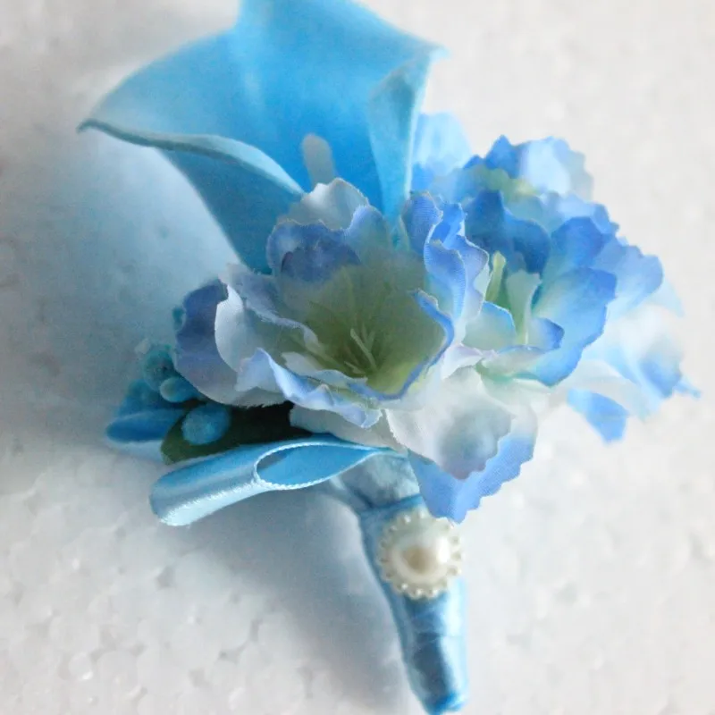 

1 Piece Light Blue calla flower Corsage Groom groomsman Wedding party Man Boutonniere Prom pin brooch Lapel Wedding Flower
