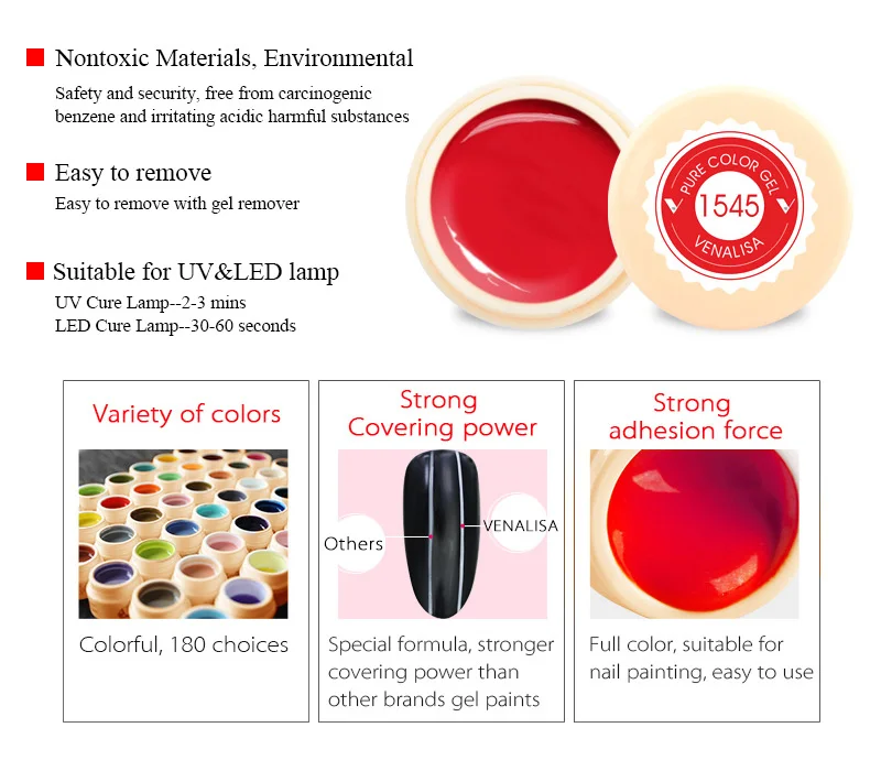 180 сплошной цвет дизайн ногтей VENALISA Горячая Замачивание краски гель УФ светодиодный Краска цветной гель лак для ногтей