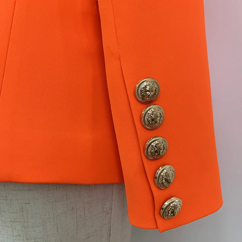 High quality Newest 2019 Designer Jacket Blazer Women's Solid Lion Buttons Double Breasted Office Lady Blazers Coat Neon Orange