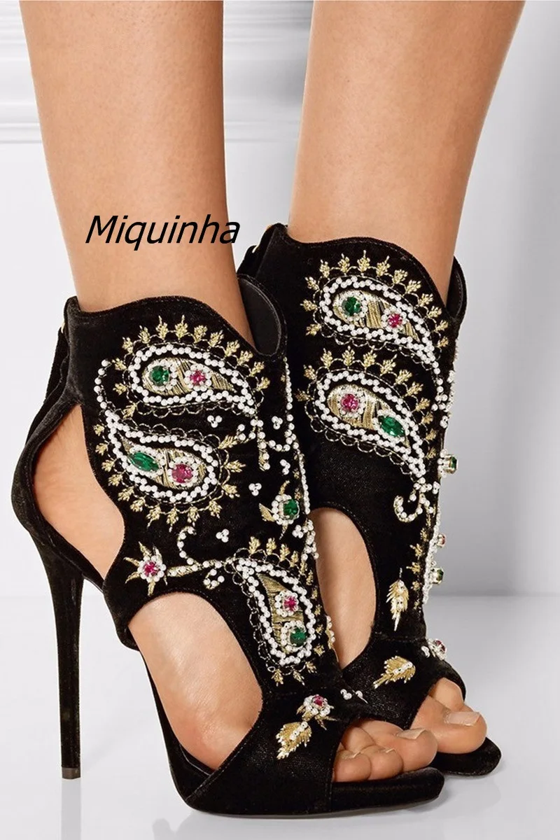 

Glamorous Black Suede Embroidery Crystal Decorated Heels Sexy Cut-out Peep Toe Stiletto Heel Gladiator Sandals Women Dress Shoe