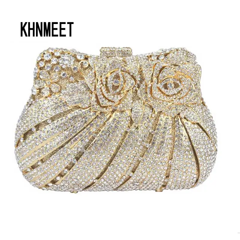 LaiSC rose flower shape Luxury crystal Clutch bags bling rhinestone evening bags Gold women ...