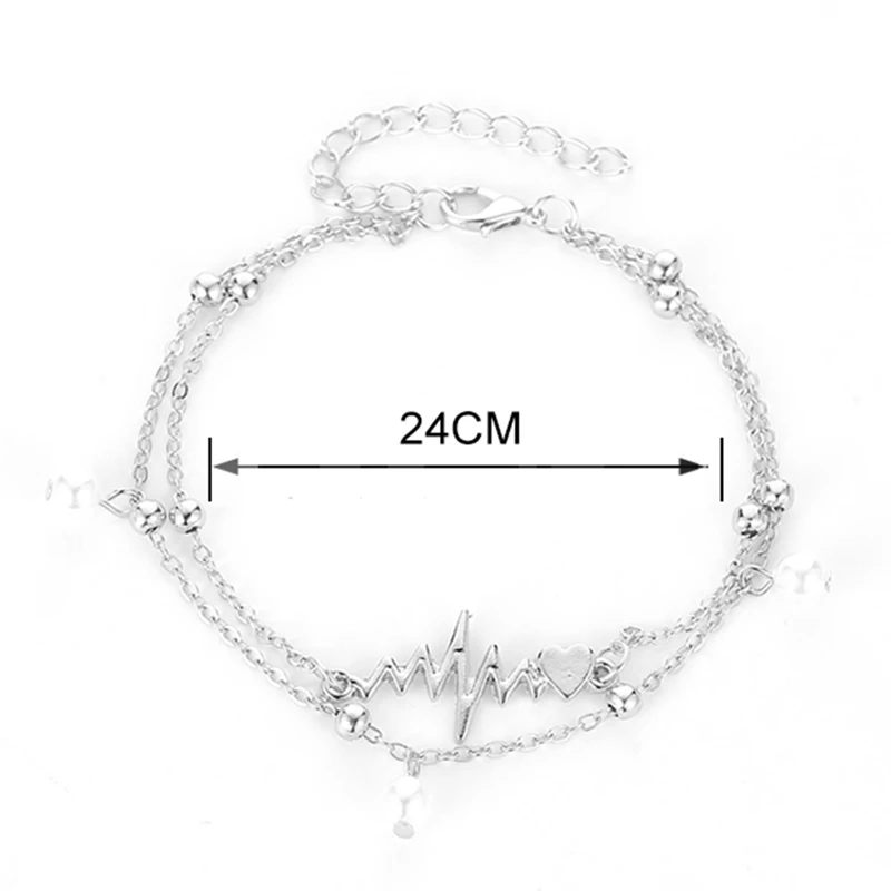 Электрокардиограмма сердце ножной браслет любовь и браслет, имитация жемчуга Многослойная цепь лодыжки Braclet для женщин летние пляжные украшения