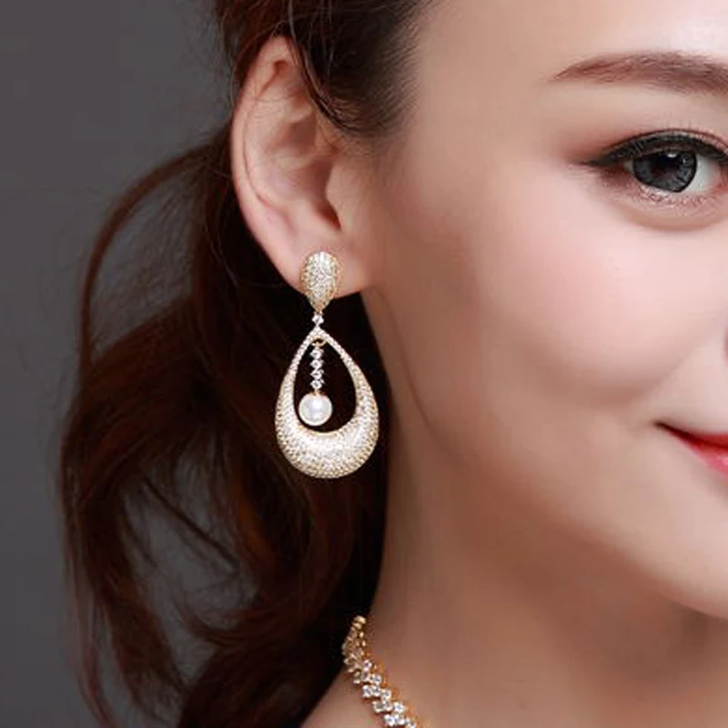 

Women New Jewelry Imitation Pearl Earrings White Gold Color Cubic Zircon Big Water Drop Earrings Wedding Party