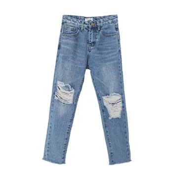 

Summer Plus Size 3XL 4XL Jeans Women High Waist Slim BF Hole Ankle-length Pants Straight Denim Pants Casual Trousers Femme A477