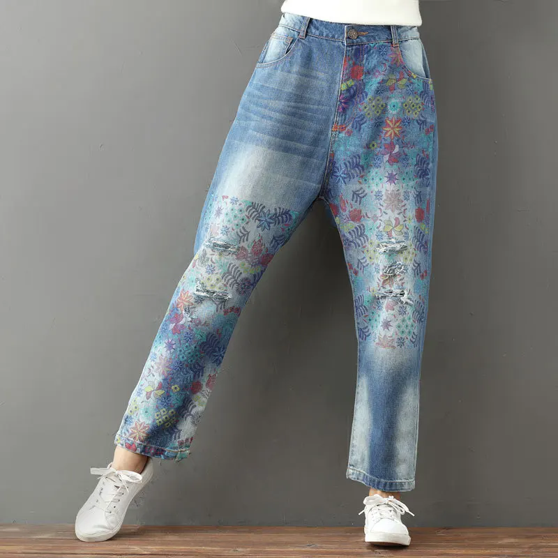

Korean Fashion High Waist Jeans Woman Print Plus Size Trousers 2019 Spring Summer Cotton Denim Harem Pants Women Jean Femme Hole