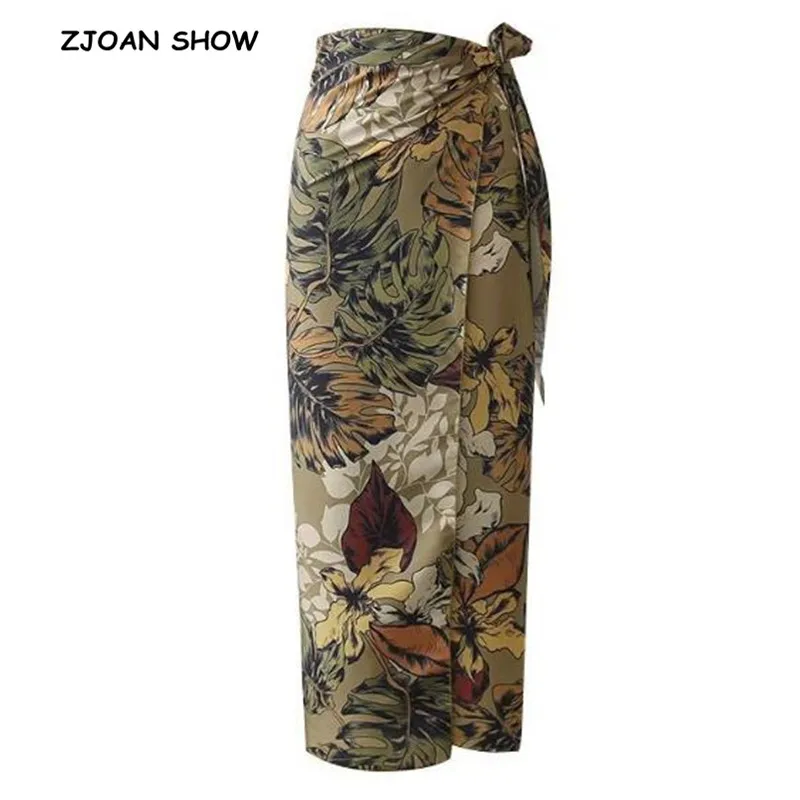 Пикантная юбка с цветочным принтом и листьями, с поясом-бабочкой, винтажная Женская юбка с высокой талией, облегающая, до середины икры, длинная юбка-карандаш для отдыха