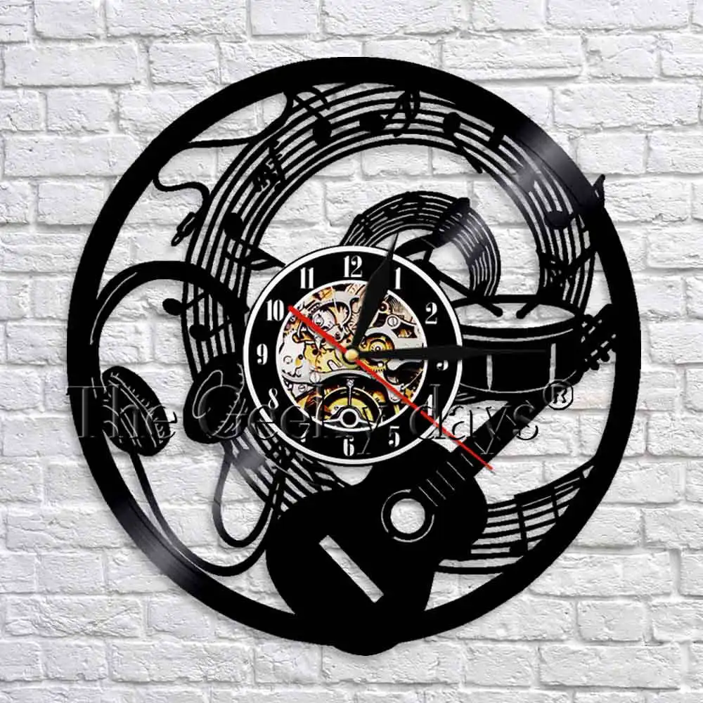 Music Vinyl Record Mancave Wall Clock Guitar Headset Musical Themed