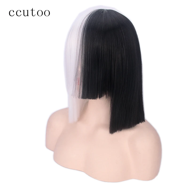 

ccutoo 35cm Sia Half White and Black Full Bangs Synthetic Hair Cosplay Wigs For Halloween Party Costume Wigs Hair