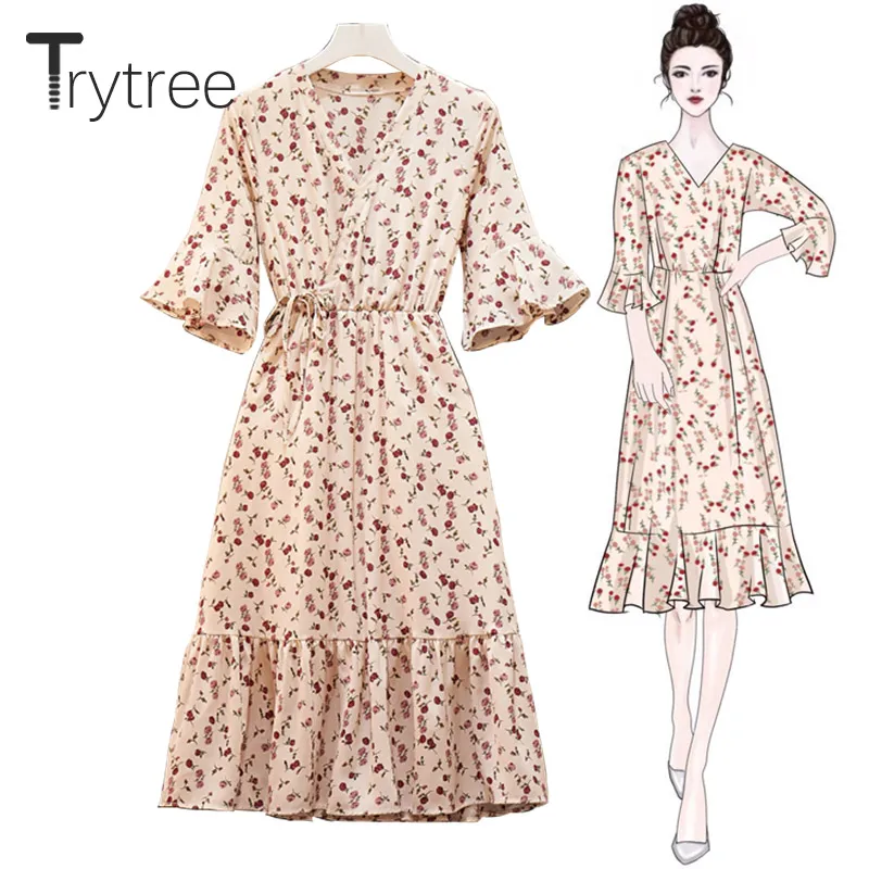 

Trytree Summer Autumn Dress Women Casual Silky Print Floral A-line Dress V-Neck Butterfly Sleeve Dress Ruffles Knee-Length Dress
