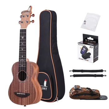 

21" Acoustic Wooden Soprano Ukulele Ukelele Uke Mahogany Wood Carbon String with Padded Carrying Bag Strings Strap Clip-on Tuner