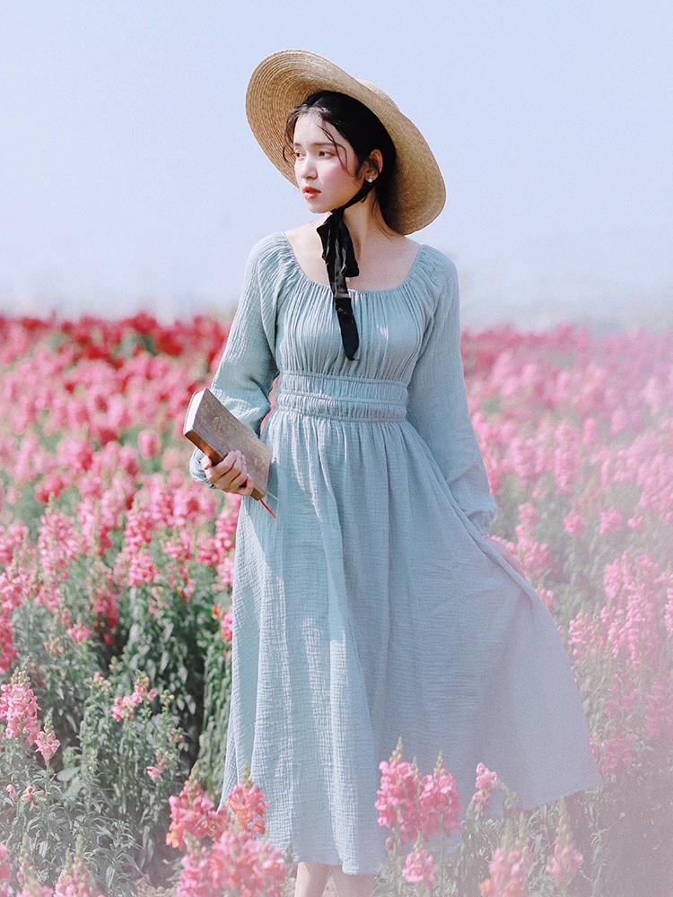

LYNETTE'S CHINOISERIE Spring Autumn Original Design Women French Vintage First Love Slim Waist Light Blue Cotton Long Dresses