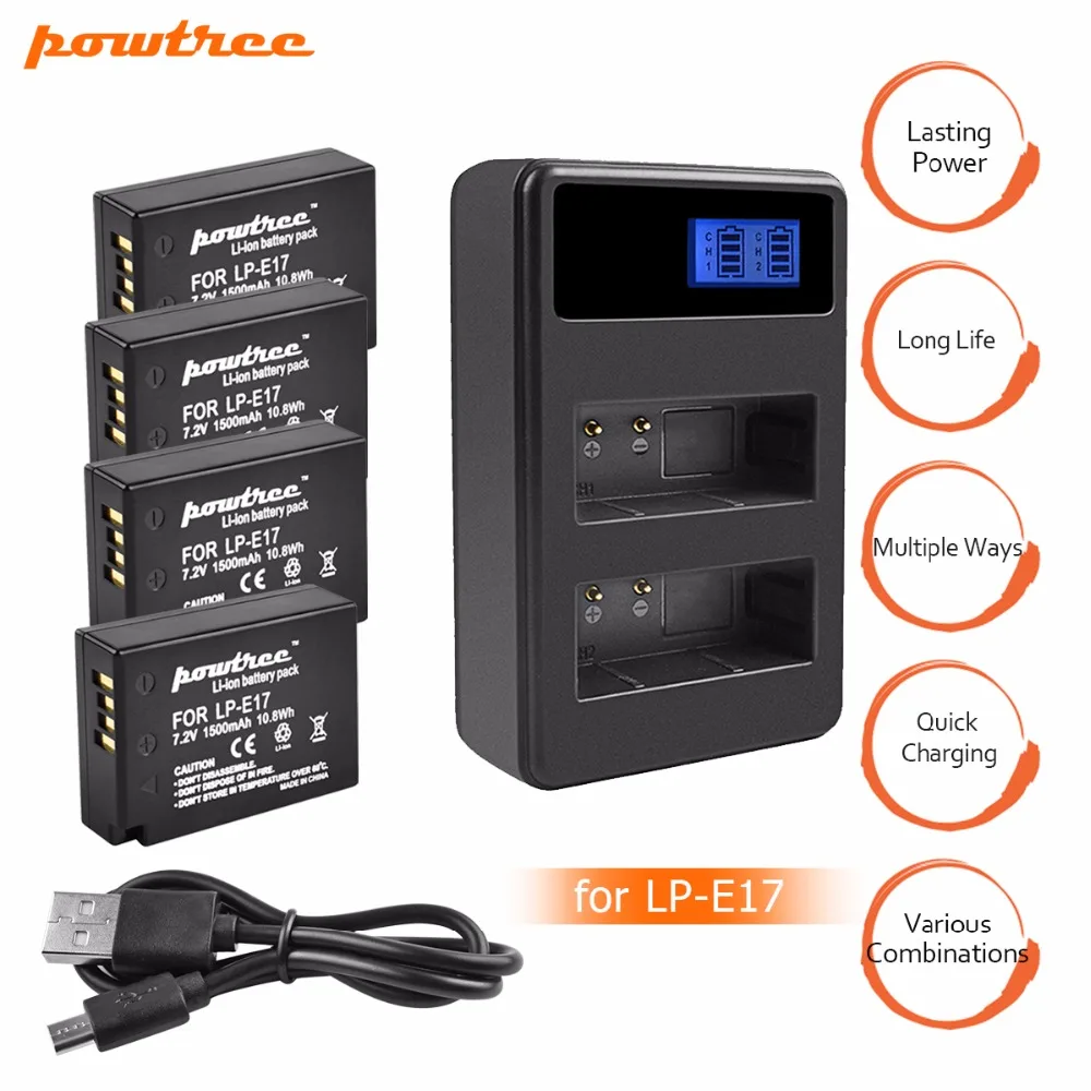 LCD Dual charger LC-E17 LP-E17 EOS M3 M5 M6 77D 750D 760D 800D 8000D 2x Battery