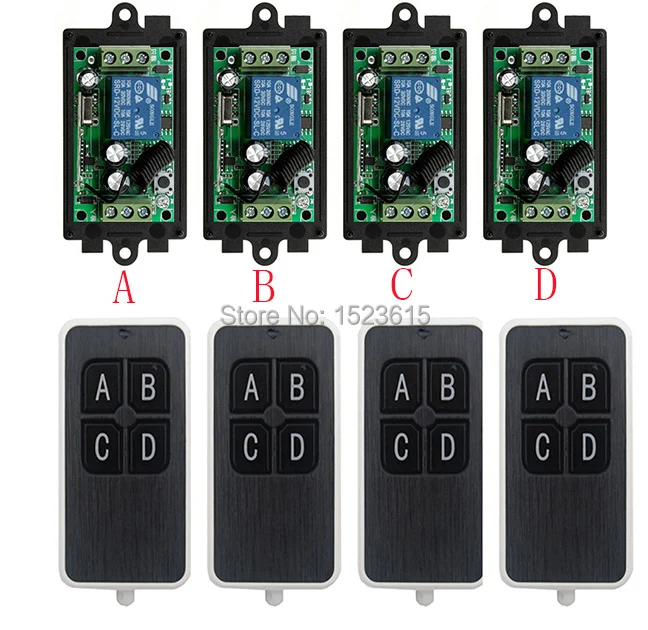 

New DC12V 1CH 10A wireless remote control switch system teleswitch 4X Transmitter + 4X Receiver relay smart house z-wave