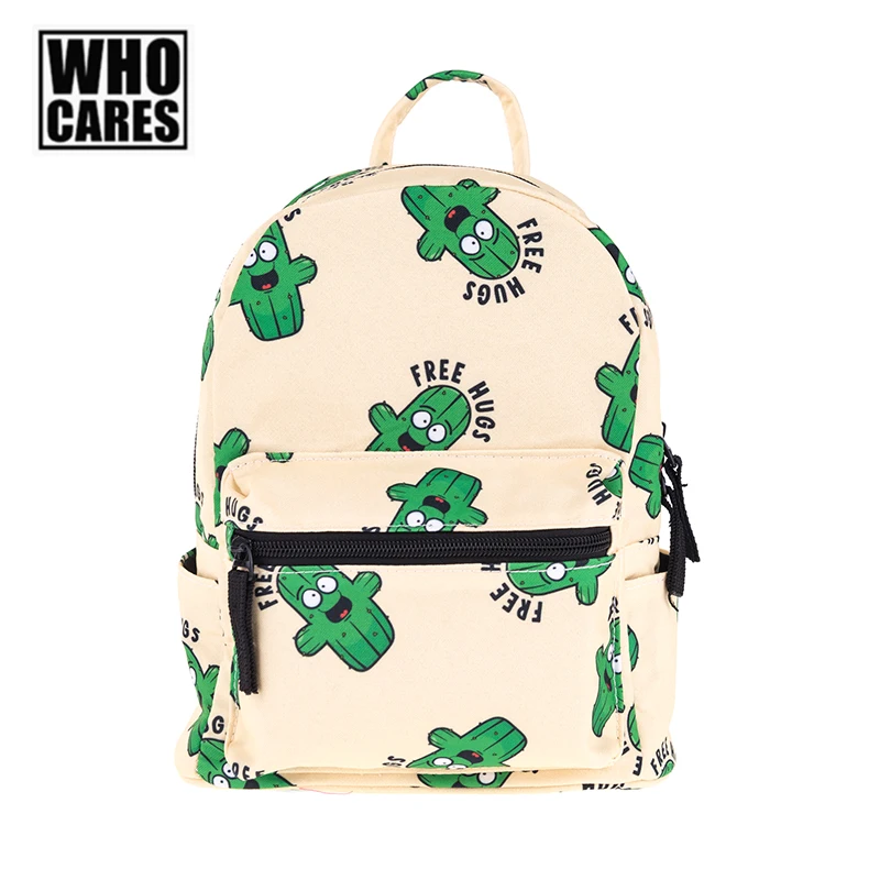 

Fashion Women Small Backpack Cartoon Cactus Free Hugs Yellow Printing Backpack for Boys Mini Backpack Casual Unisex School Bag