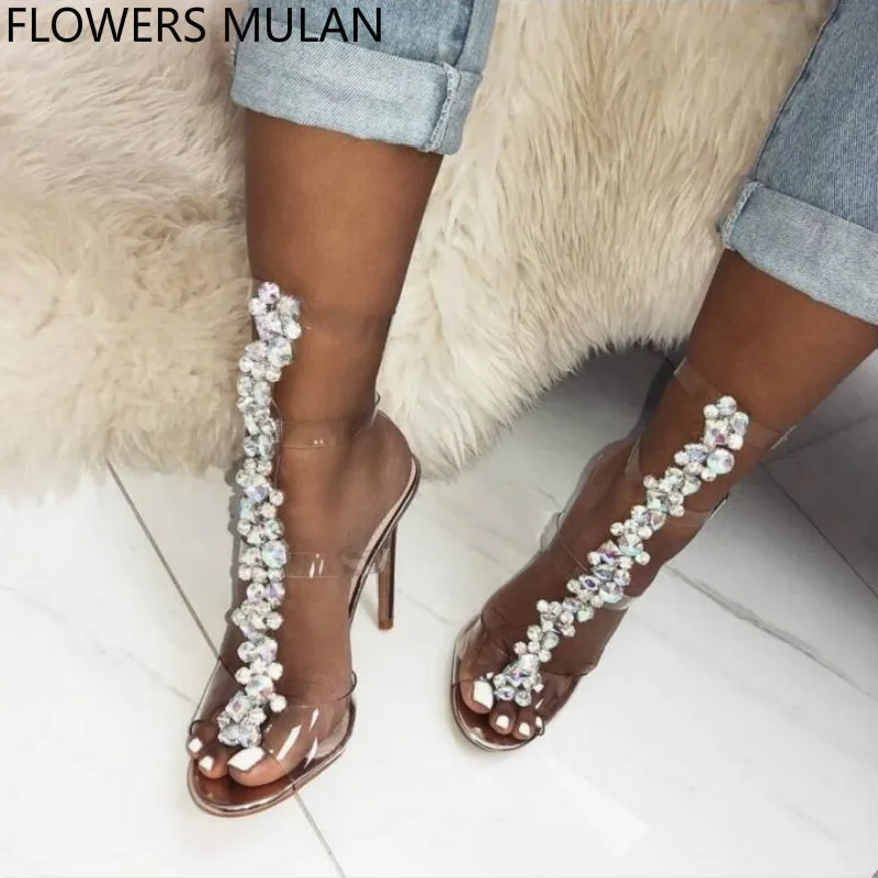 

Clear PVC Transparent Rhinestone Knee High Sandals Boots Buckle Strap Open Toe High Heels Women Summer Boots Gladiator Sandals