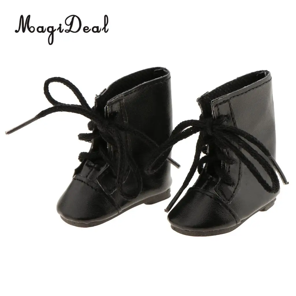 1Pair PU Leather Handmade Shoes Lace Up Combat Boots for 14 Inch   Doll Outdoor Indoor Clothing Accs