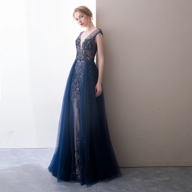 Navy Blue Evening Dress Elegant Robe Longue Vestido De Festa A Line Evening Dresses Long Dress Party Gowns 2019 Robe De Soiree