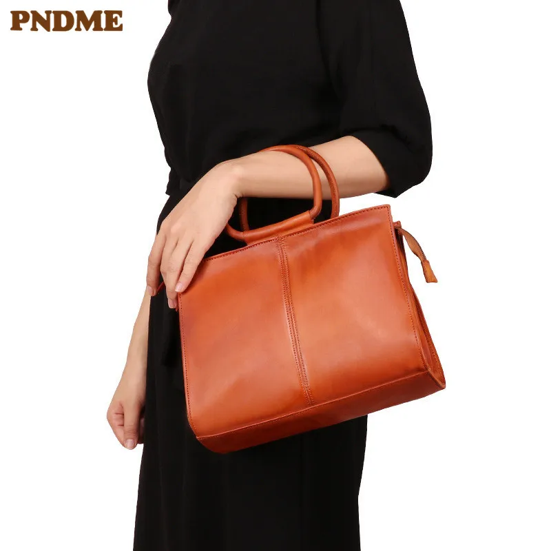 

PNDME luxury vintage brown first layer cowhide ladies handbag fashion simple soft genuine leather women shoulder crossbody bags
