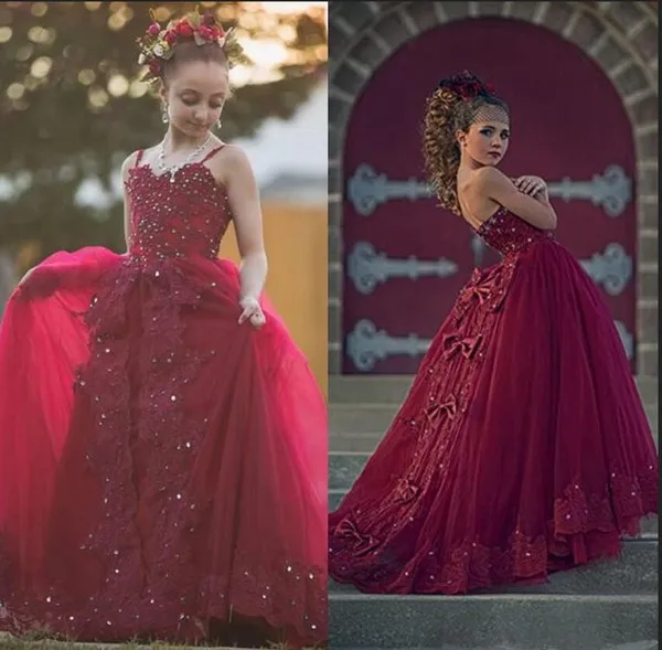 2019 Burgundy Lace Flower Girl Dresses For Weddings Bow Lace Crystal Beaded Pearls Girls Pageant Dress Sweetheart Prom Kids Communion Gowns