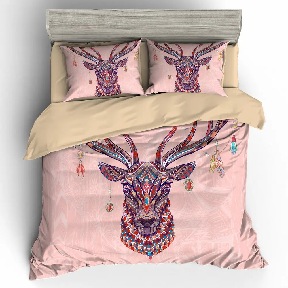 

3D Digital Printing Hand Drawn linen Patterned Deer Portrait Head BOHO Feather Tribal Tattoo duvet cover