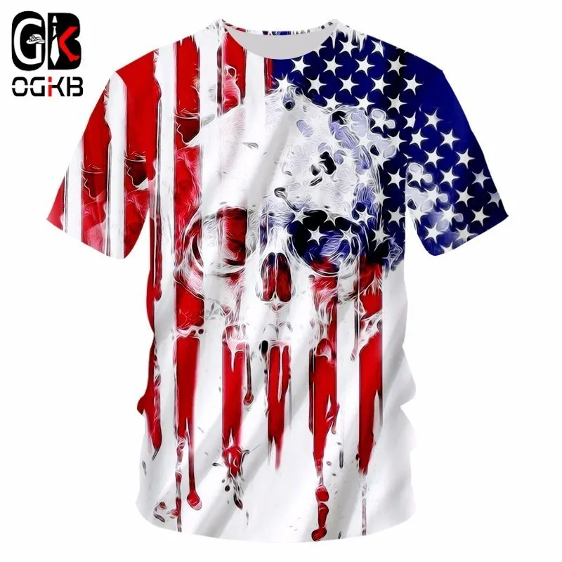 

OGKB New Fashion Clothing Men Funny Cool 3D Print American Flag Skull T-shirts Harajuku Tops Tees Plus Size Casual Tshirt Unisex