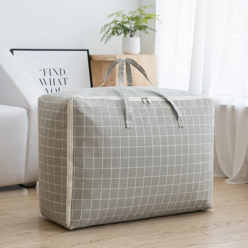 

Nordic Style Grid Print Portable Closet Organizer Cotton Line Storage Bag For Quilt Coat Clothing Wardrobe Organizer With Handle