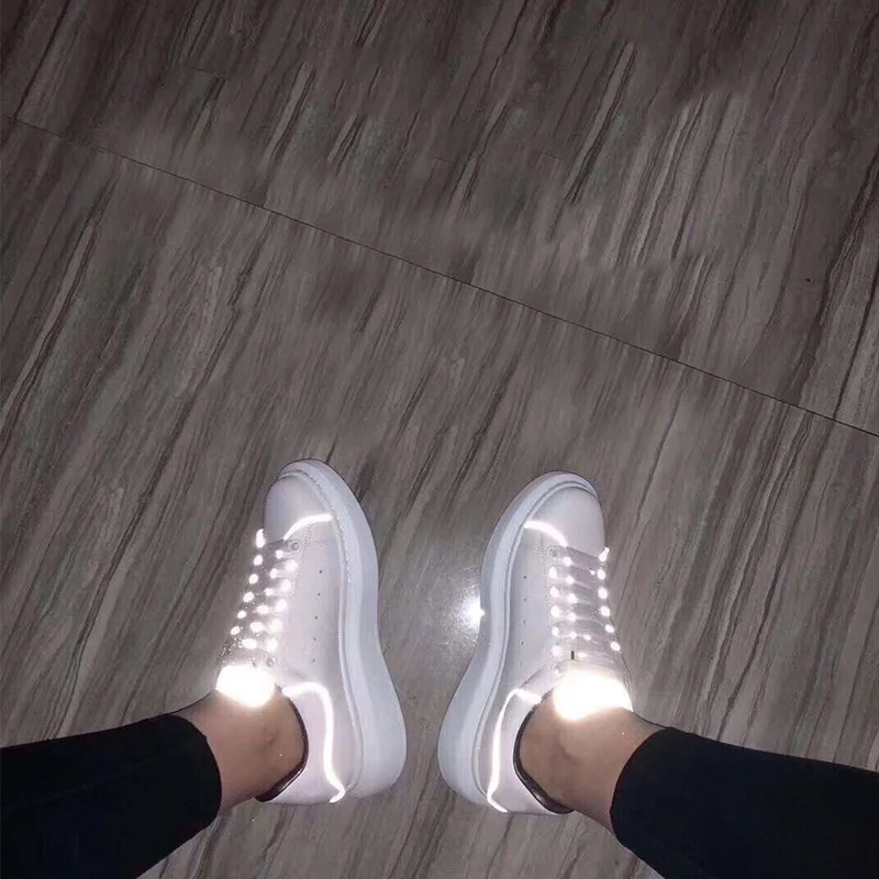 White PU Leather Lighting Women Sneakers Lace Up Noctilucent Fashion Design Casual Shoes Think Heels Flat Ladies Shoes