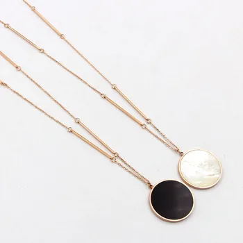 

Big Black Round Pendant Necklace Women Sweater Chain Kolye, Rose Gold Color Stainless Steel Long Necklaces White Shell Jewelry